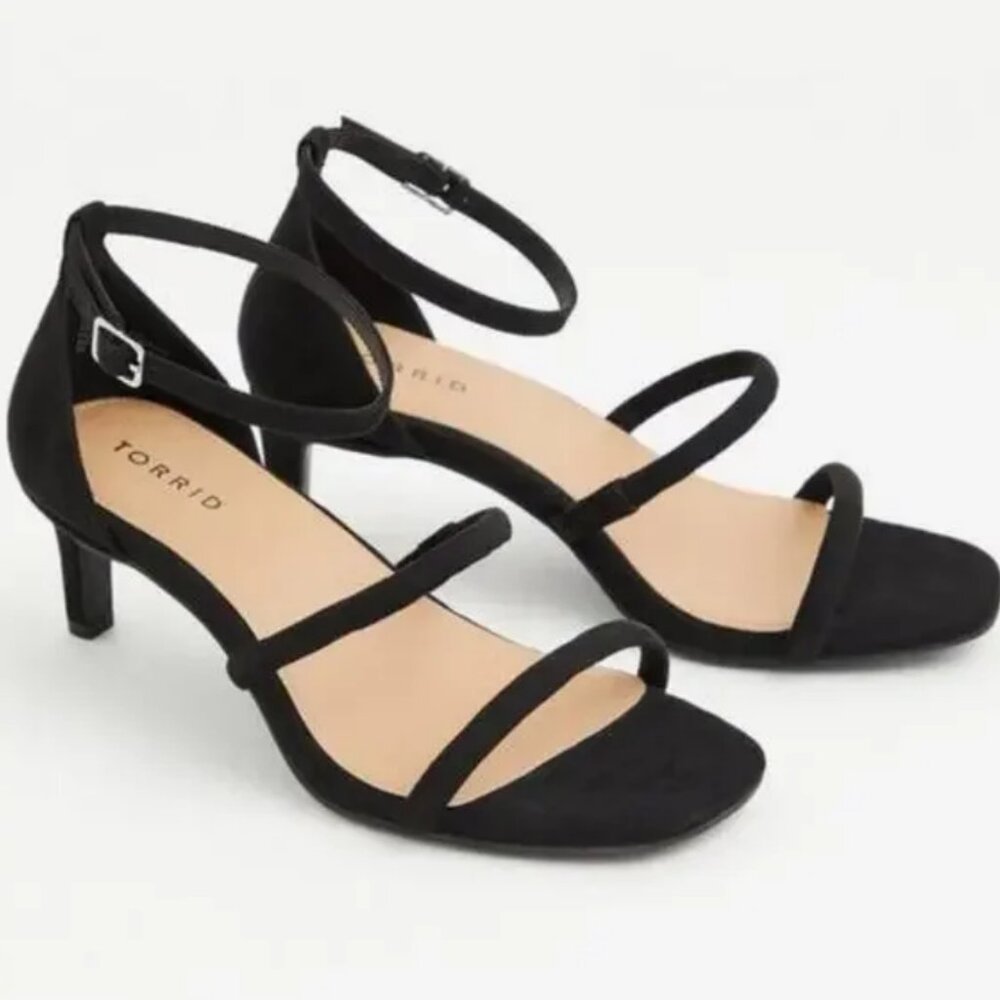 Torrid Triple Strap Black Faux Suede Set Back Heel Sandals Women US 7 Wide Width
